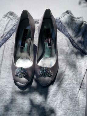 Nina Silver Gray Peep-Toe Heels with Jeweled Accent